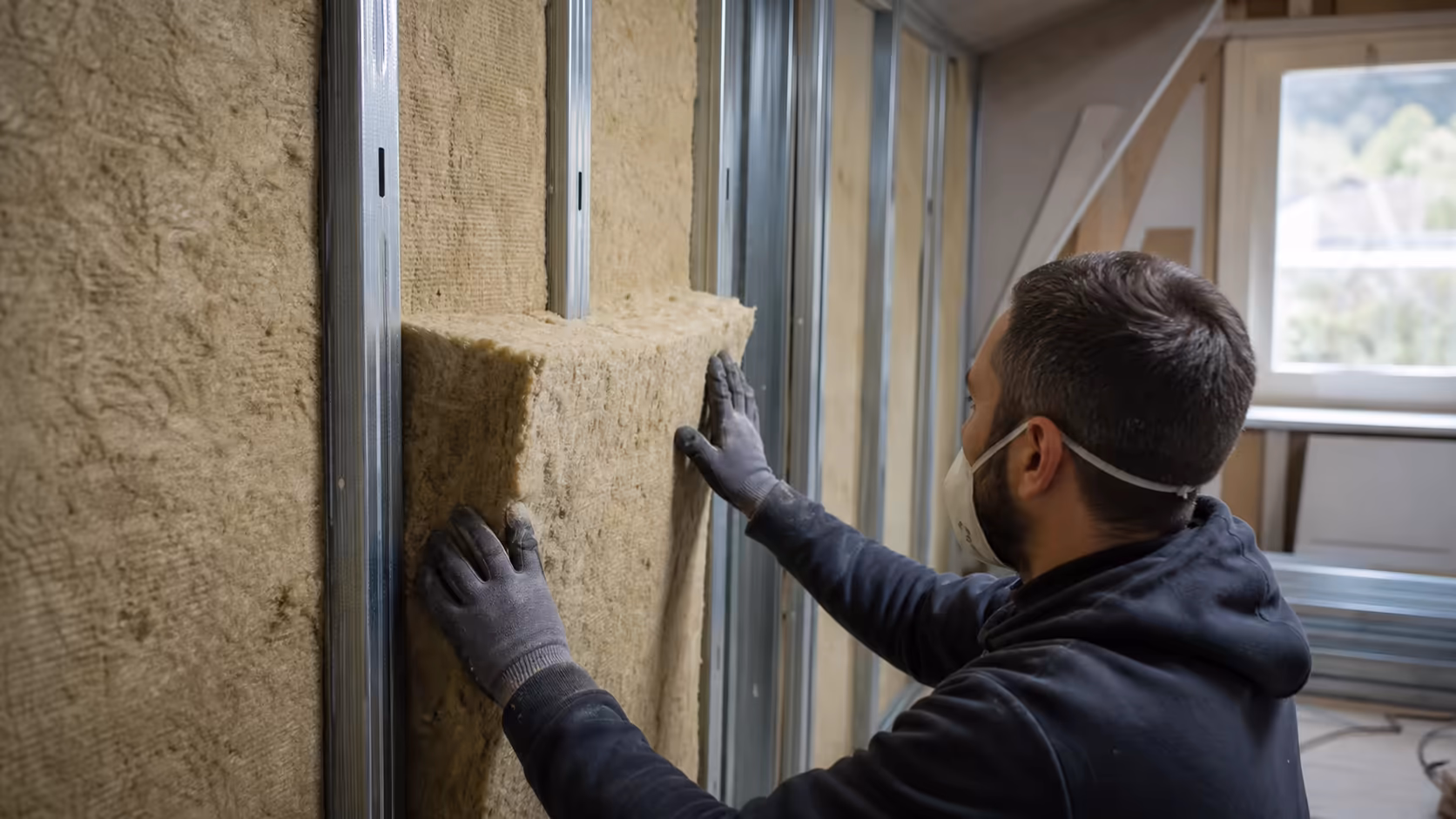 Détail technique d'un montant métallique avec laine de roche compressée correctement entre les rails, avant pose de la plaque de plâtre
