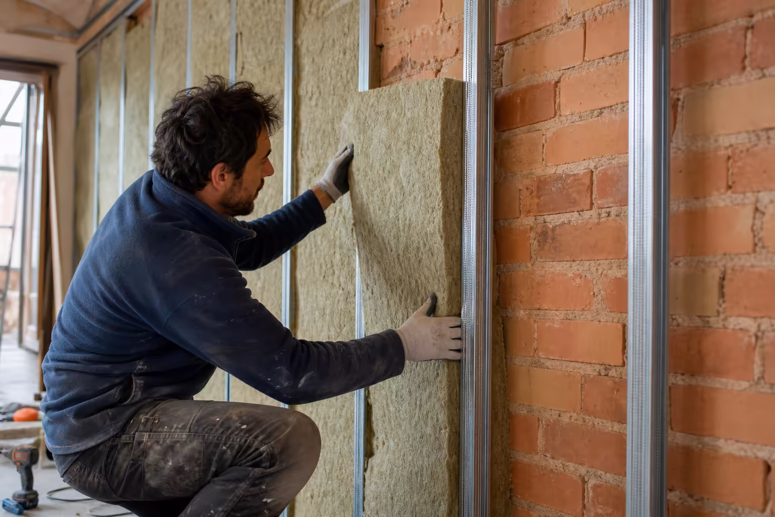 Plaquiste posant un panneau isolant en laine de roche entre montants métalliques sur un mur intérieur en brique foraine toulousaine, lumière naturelle d&#39;atelier