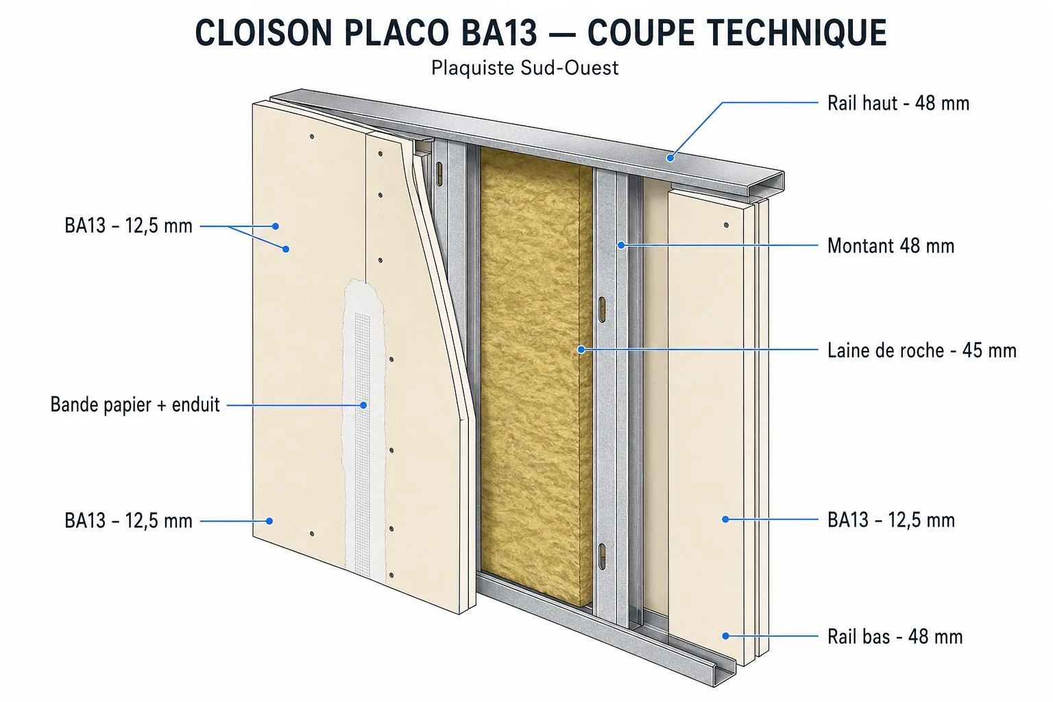 Cloison placo BA13 — coupe technique
