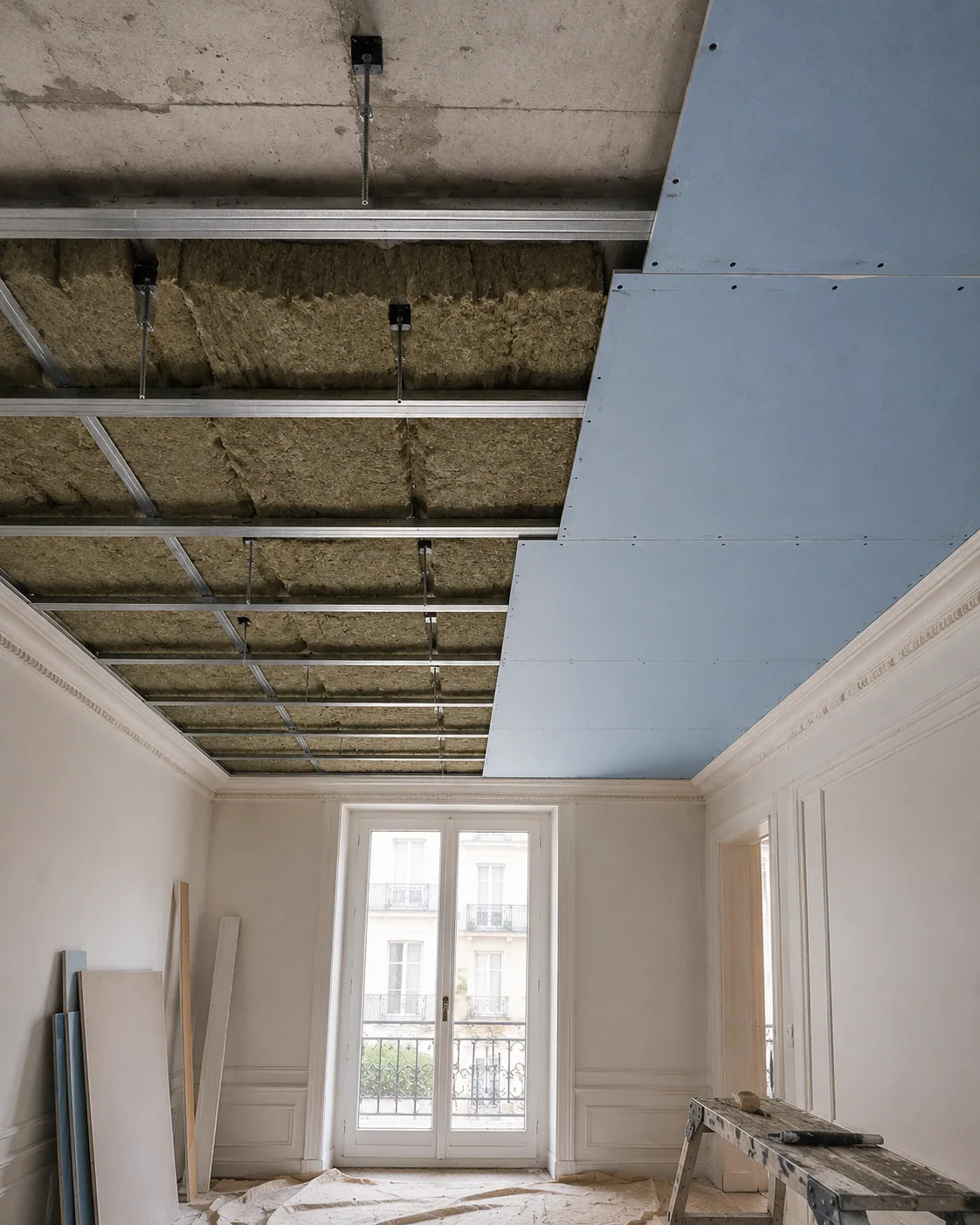 Faux plafond acoustique en cours de pose