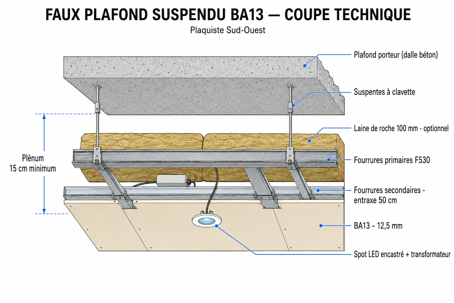 Faux plafond suspendu BA13 — coupe technique