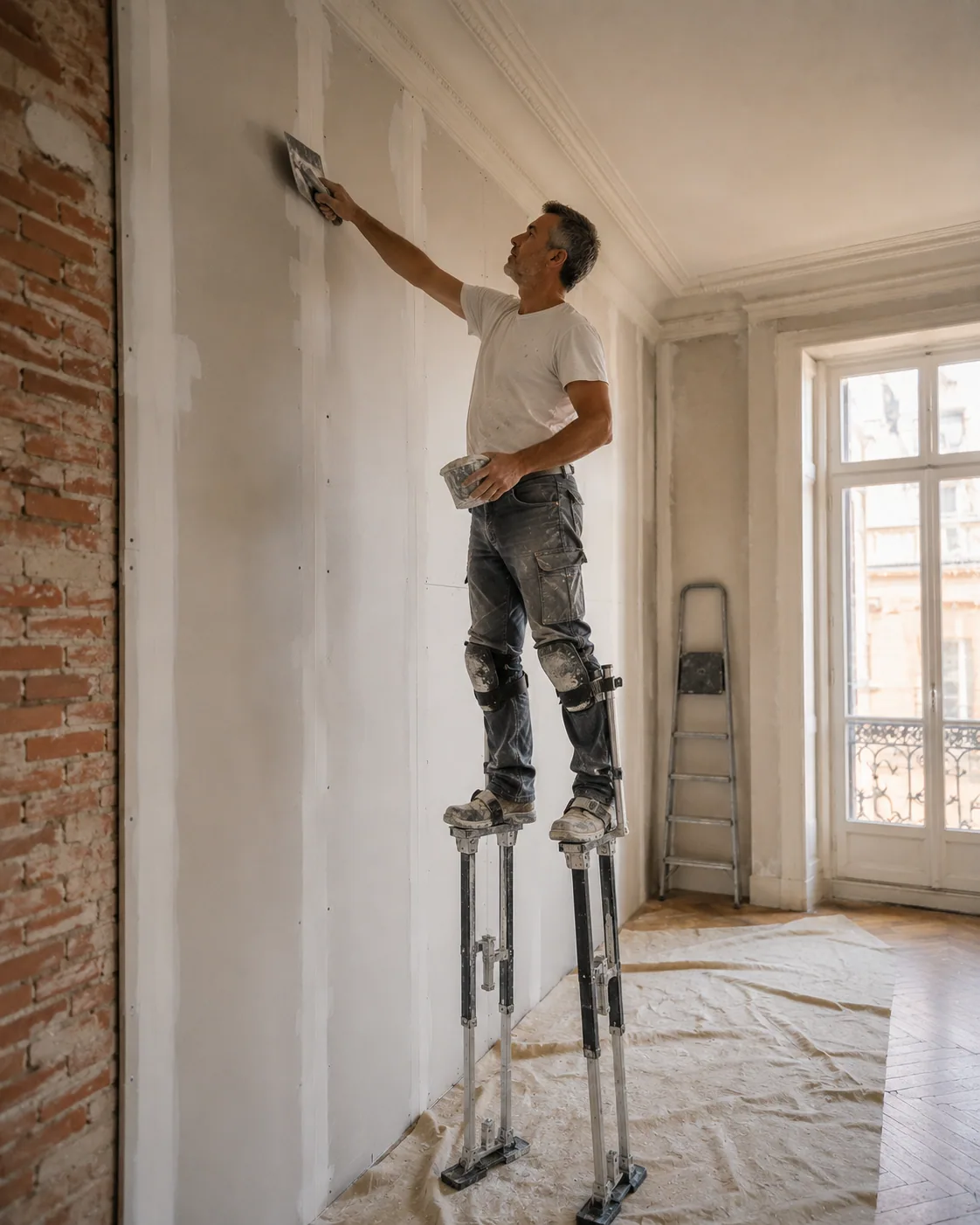 Plâtrier-plaquiste sur échasses en train de poser le bandage dans un appartement toulousain à hauts plafonds